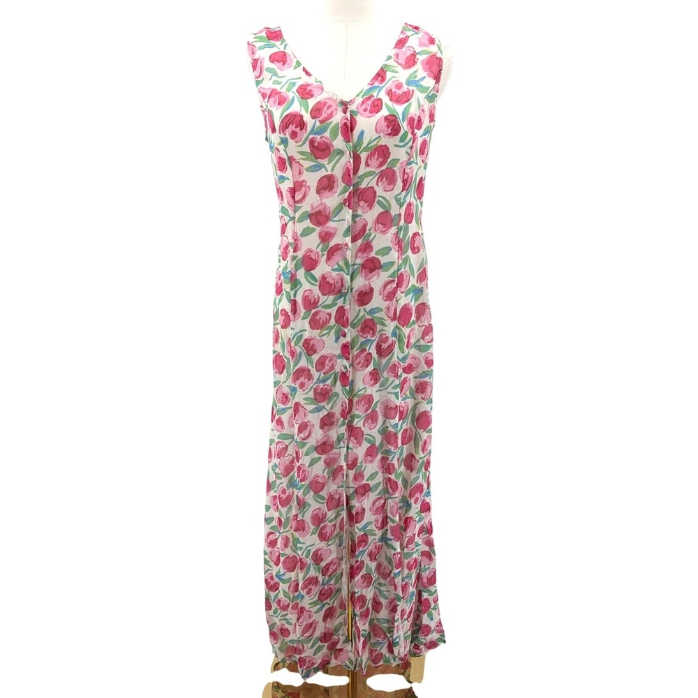 Vintage 90s‎ Floral Maxi Dress Rayon Button Front Sleeveless Cottagecore Size 8